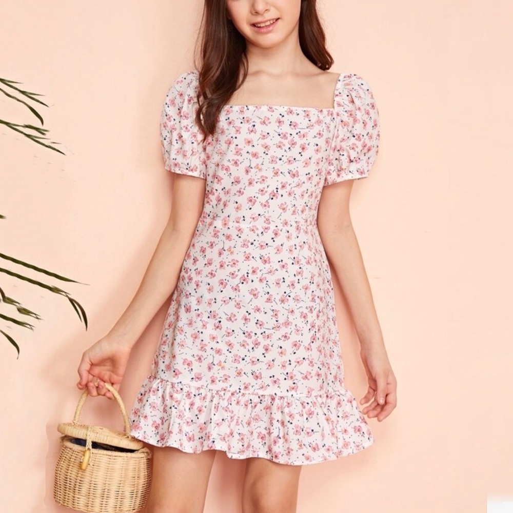 SHEIN Girls Puff Sleeve Ruffle Hem Ditsy Floral Boho Dress. Size 11-12